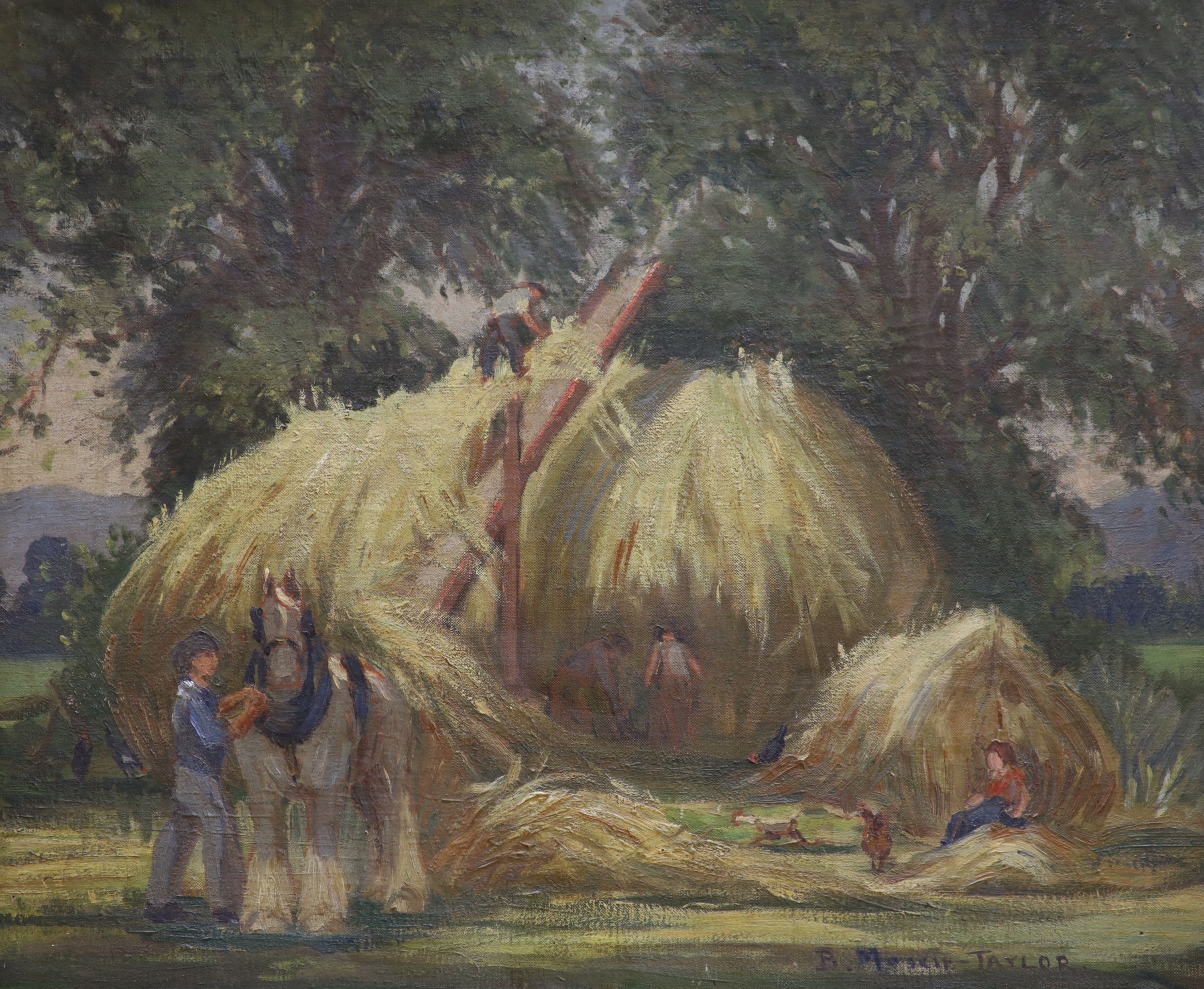 Barbara Mascie-Taylor, oil on canvas, Harvesters at rest, signed, 51 x 61cm.